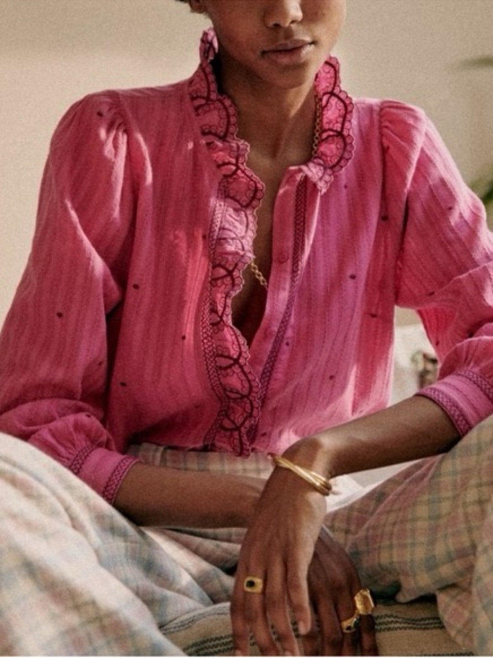 SEZANE Pink Ruffle-Trim Blouse with Gorgeous Detailing